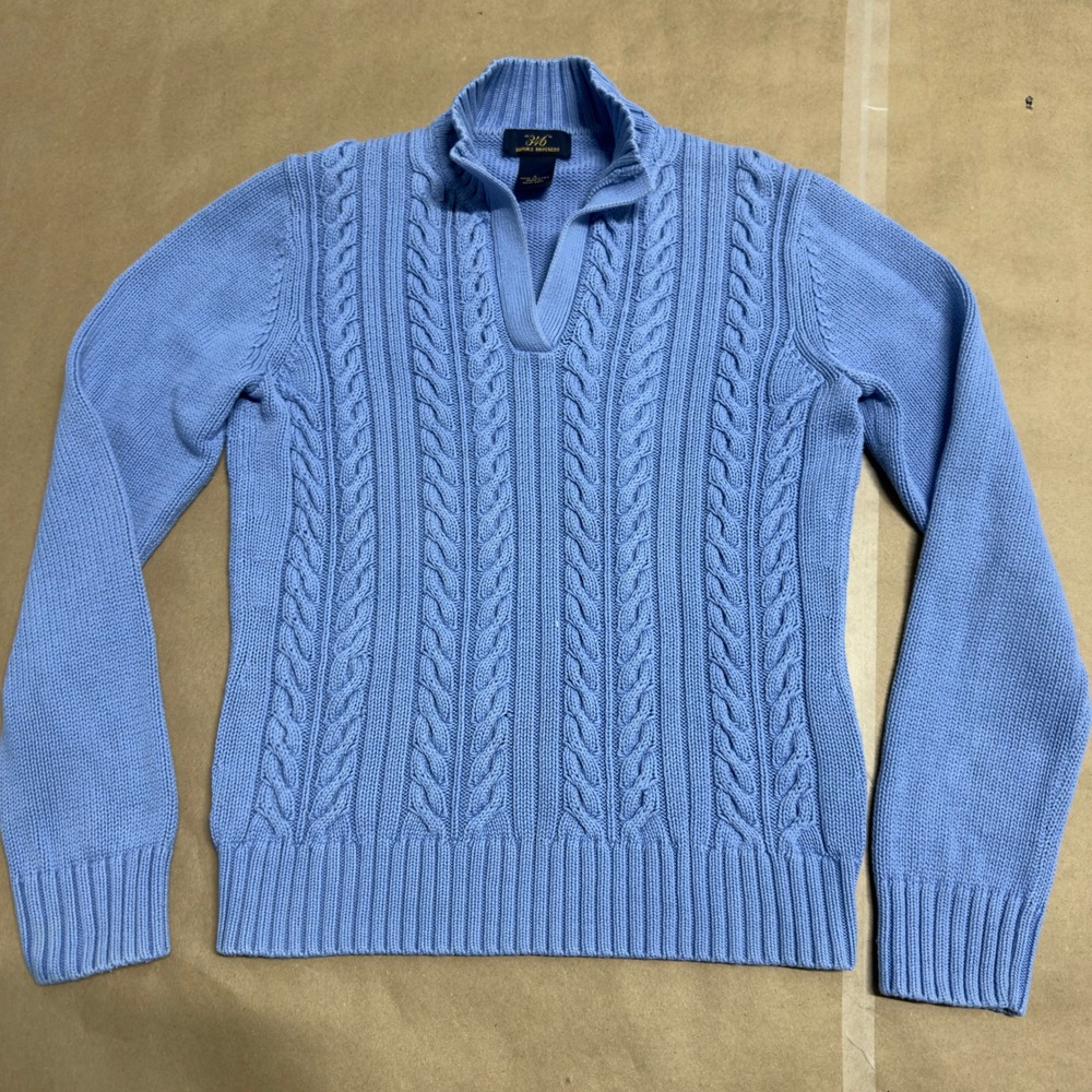Brooks Brothers 346 Womens Light Blue Cotton Cable Knit V-Neck Sweater Small